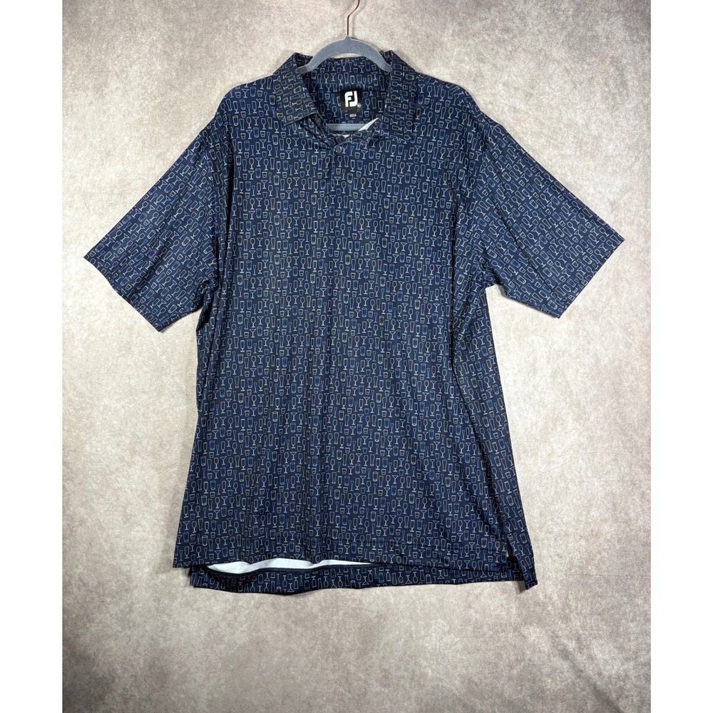 FootJoy Polo Shirt Mens XL Blue Cocktail Glass Print Performance Stretch Golf